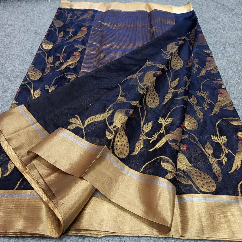 Handwoven Chanderi Pattu Silk All Over Woven Jaal Traditional Peacock/Parrot Motif Saree (With Blouse) ( FOR A VIDEO OF THIS SAREE PLEASE CALL US AT 9930655009)