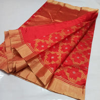 Handwoven Chanderi Pattu Silk Red All Over Woven Jaal Work  Saree (With Blouse) ( FOR A VIDEO OF THIS SAREE PLEASE CALL US AT 9930655009)