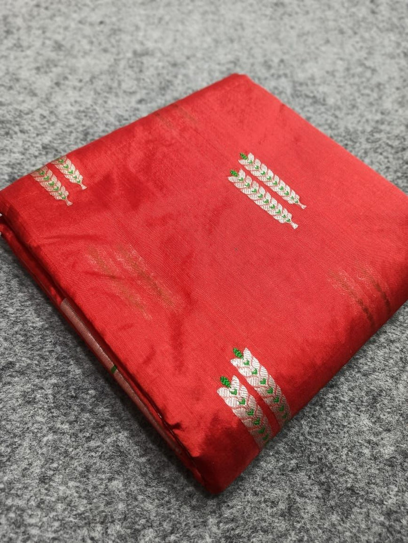 Handwoven Katan Chanderi Traditional Needle Woven Fine Textured Butidar Pure Silk Saree (With Blouse) ( FOR A VIDEO OF THIS SAREE PLEASE CALL US AT 9930655009)
