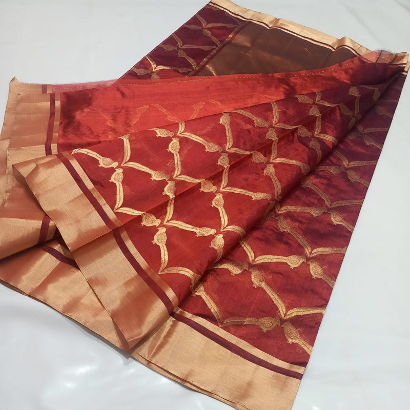 Handwoven Chanderi Pattu Silk All Over Woven Jaal Work  Saree (With Blouse) ( FOR A VIDEO OF THIS SAREE PLEASE CALL US AT 9930655009)