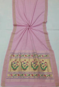 Traditional Belt Border Very Fine Light Pink Asawali, flowering vine motifs Mercerized Cotton Paithani Saree