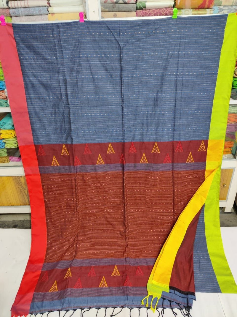 Mercerized Super Soft Pure Cotton Dark Greyish/Blue Finish Color With Contrasting  Red/Yellow Border All Over Running Stitch Saree