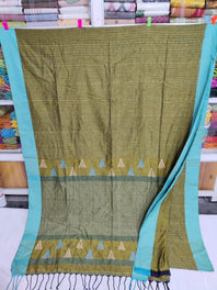 Mercerized Super Soft Pure Cotton Olive Green Color With Sky Blue Border All Over Running Stitch Saree