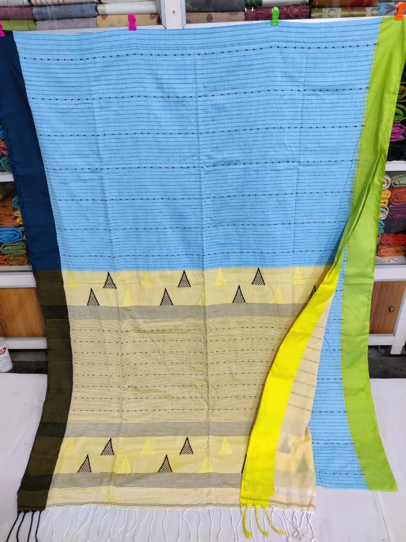 Mercerized Super Soft Pure Cotton Sky Blue Color With Contrasting  Black/Yellow Border All Over Running Stitch Saree