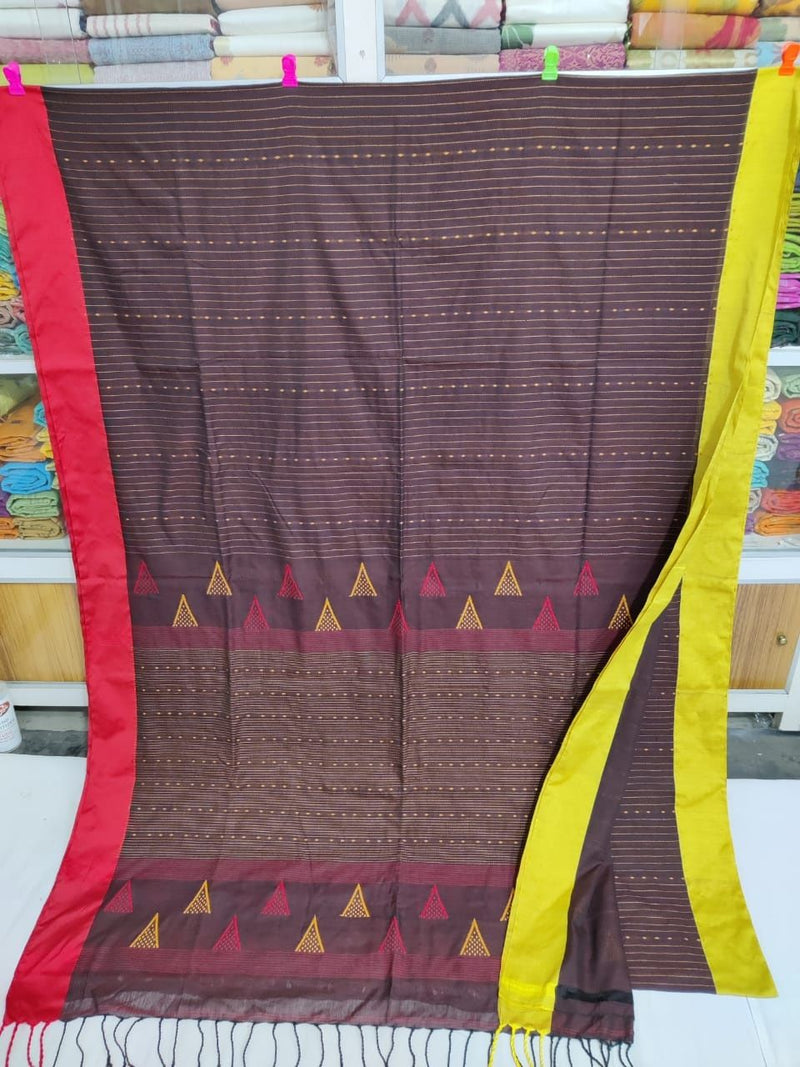 Mercerized Super Soft Pure Cotton Dark Maroon Color With Contrasting  Red/Yellow Border All Over Running Stitch Saree