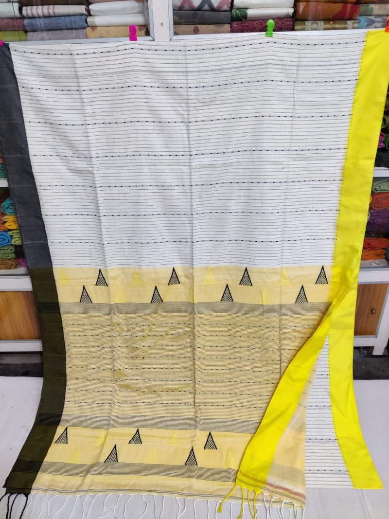 Mercerized Super Soft Pure Cotton White Color With Contrasting  Black/Yellow Border All Over Running Stitch Saree