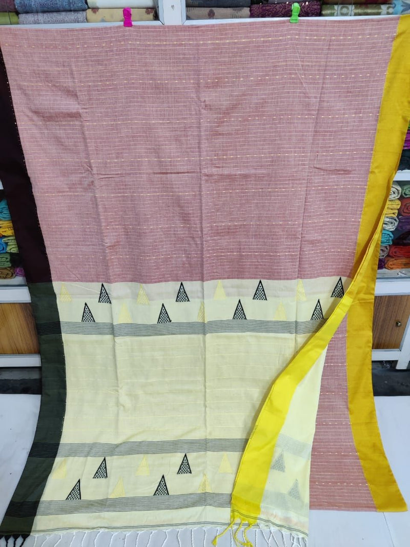 Mercerized Super Soft Pure Cotton Light Red Color With Contrasting  Black/Yellow Border All Over Running Stitch Saree
