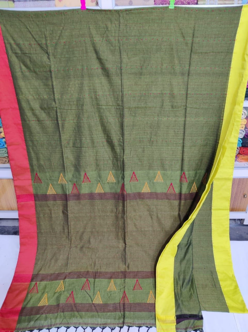 Mercerized Super Soft Pure Cotton Olive Green Color With Contrasting Yellow/Red Border All Over Running Stitch Saree