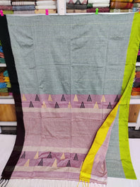 Mercerized Super Soft Pure Cotton Greyish/White Finish Color With Contrasting Black/Yellow Border All Over Running Stitch Saree