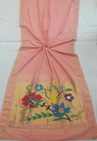 Traditional Belt Border Double Tissue Designer Flower Inspired Motifs Along With Asawali, Flowering Vine Motifs Designed Pallu Mercerized Cotton Paithani Saree
