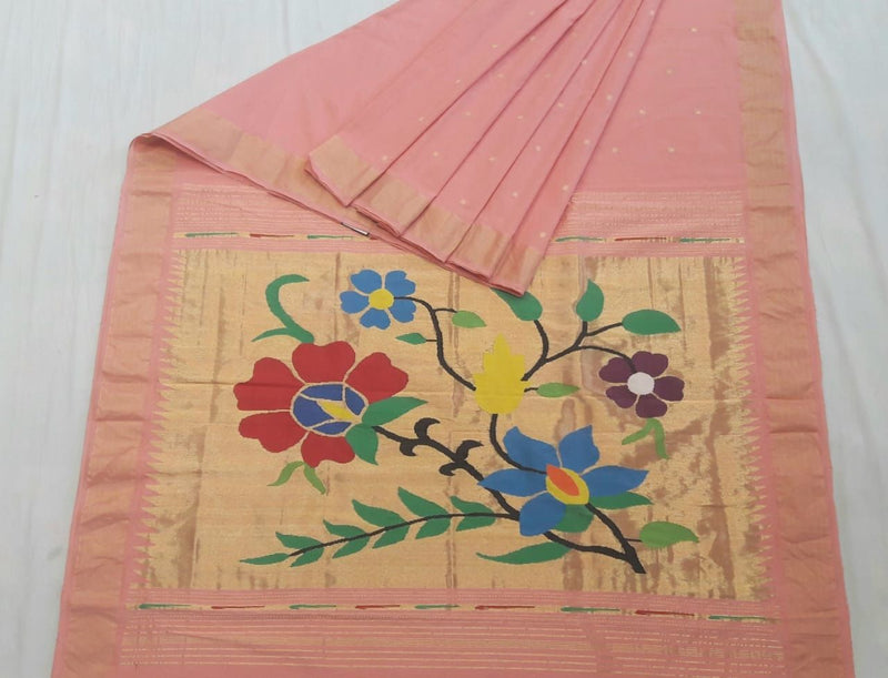 Traditional Belt Border Double Tissue Designer Flower Inspired Motifs Along With Asawali, Flowering Vine Motifs Designed Pallu Mercerized Cotton Paithani Saree