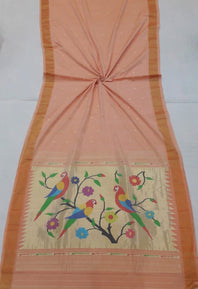 Traditional Belt Border Double Tissue Big Booti Parrot Paisley Ensemble Pallu  Designed Woven Pure Mercerised Cotton Paithani Saree