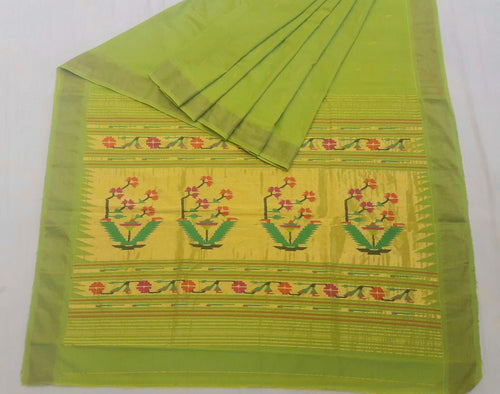 Traditional Belt Border Very Fine Light Green Asawali, flowering vine motifs Mercerized Cotton Paithani Saree